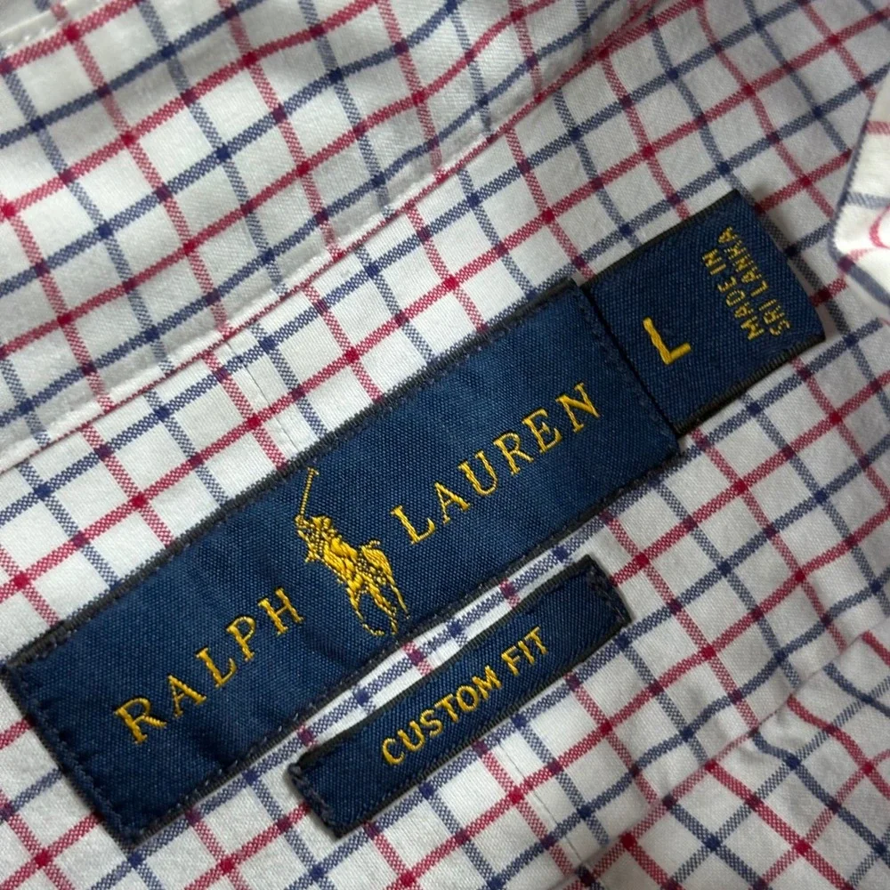 Ralph Lauren Mens Custom Fit Tattersall Check Button Down Shirt Red Navy Large